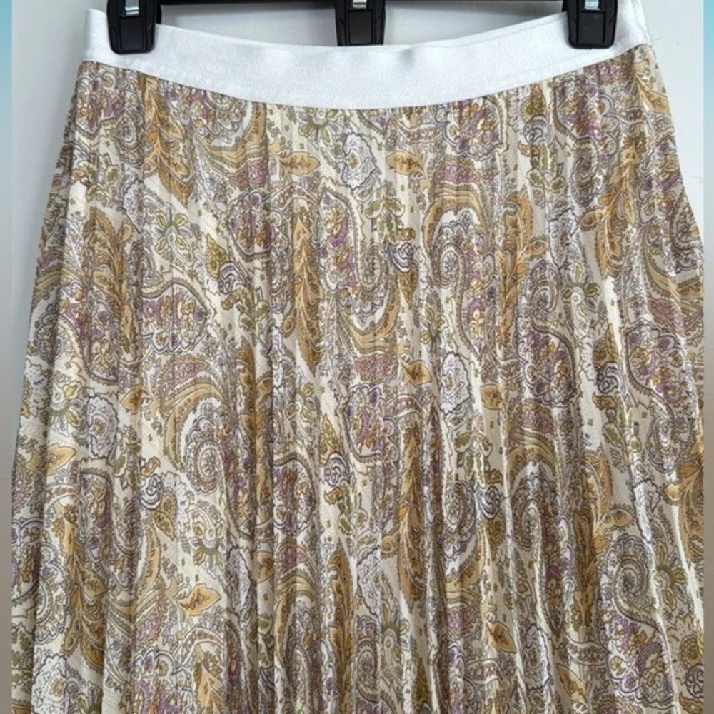 WD-NY Paisley Pleated Midi Skirt Gold Purple‎ Cream Elastic Waist Size 8